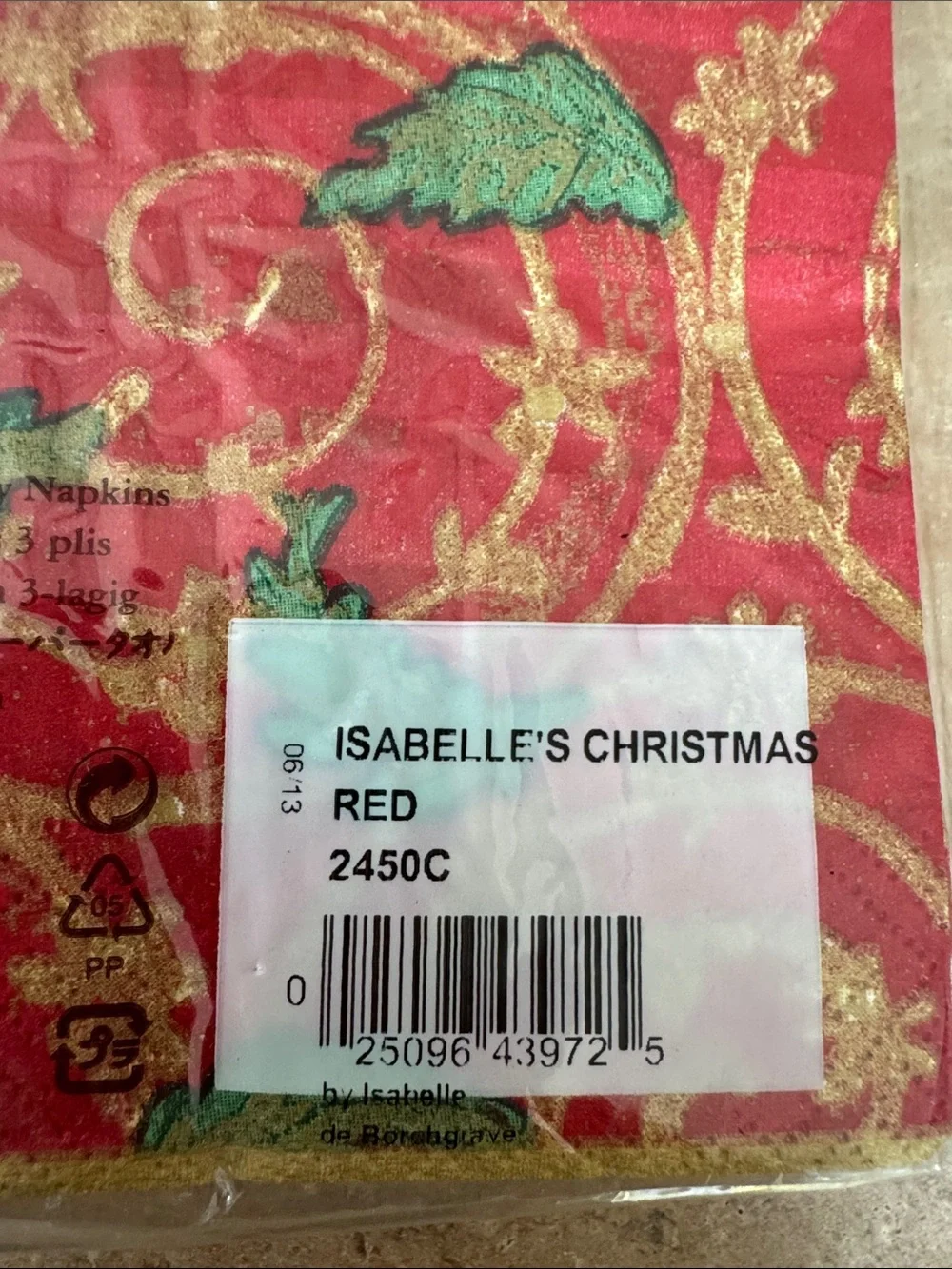 Caspari Red & Gold Holiday Cocktail Napkins with Green Leaf Motif - 20 in pack